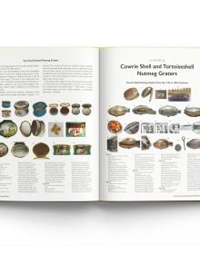 Book cover of Nutmeg Graters, Pomanders and Spice Boxes, featuring five decorative wood and metal spice graters and boxes. Published by ACC Art Books.