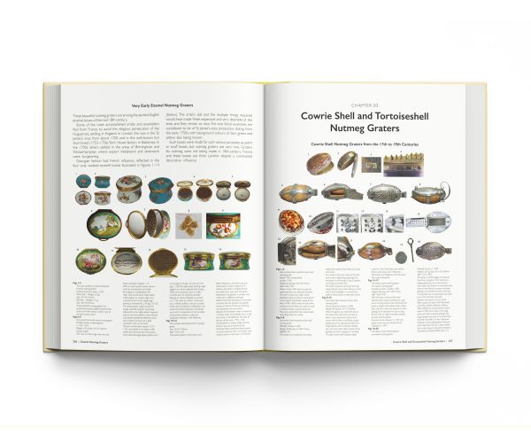 Book cover of Nutmeg Graters, Pomanders and Spice Boxes, featuring five decorative wood and metal spice graters and boxes. Published by ACC Art Books.