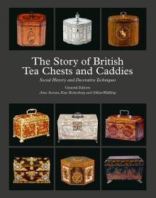 9 decorative wood tea caddies, on black squares, The Story of British Tea Chests and Caddies in white font to centre.