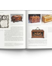 Book cover of The Story of British Tea Chests and Caddies, with nine decorative wood tea caddies. Published by ACC Art Books.