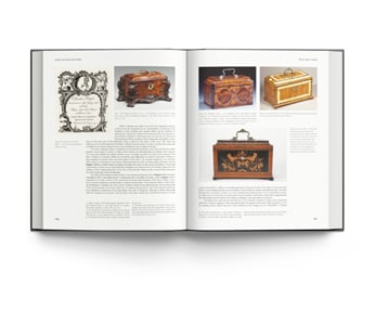 Book cover of The Story of British Tea Chests and Caddies, with nine decorative wood tea caddies. Published by ACC Art Books.