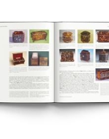 Nine decorative wood tea caddies, on black squares, on cover of 'The Story of British Tea Chests and Caddies', by ACC Art Books.