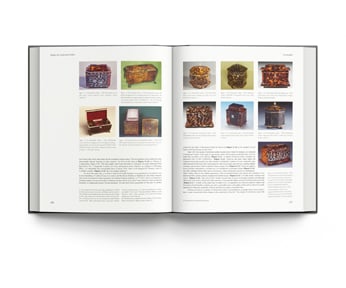 Book cover of The Story of British Tea Chests and Caddies, with nine decorative wood tea caddies. Published by ACC Art Books.