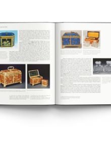 Photo montage of 9 decorative tea caddies, on black squares, The Story of British Tea Chests and Caddies in white font on grey cover