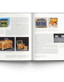Book cover of The Story of British Tea Chests and Caddies, with nine decorative wood tea caddies. Published by ACC Art Books.
