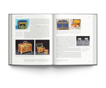 Book cover of The Story of British Tea Chests and Caddies, with nine decorative wood tea caddies. Published by ACC Art Books.