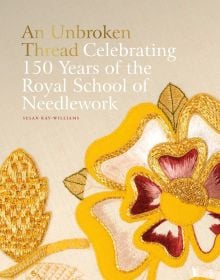 Appliqued English rose emblem in gold, cream and burgundy, on beige cover of 'An Unbroken Thread', by ACC Art Books.