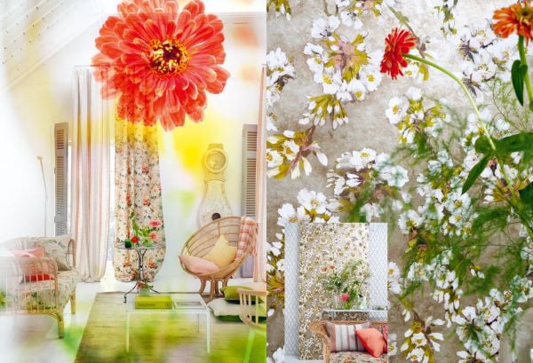 Book cover of Moody Blooms, with an interior space with blossom wallpaper, white sofa and coffee table. Published by ACC Art Books.