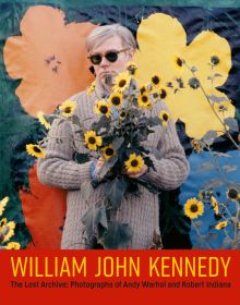 Andy Warhol grasping bunch of yellow sunflowers, with bold flower backdrop, on cover of 'William John Kennedy ', by ACC Art Books.