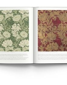 Morris Pimpernel Bayleaf/Manilla wallpaper design by William Morris, THE ART OF WALLPAPER in pale green font to white banner.