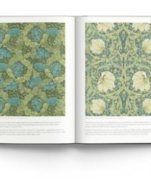 Morris Pimpernel Bayleaf/Manilla wallpaper design by William Morris, THE ART OF WALLPAPER in pale green font to white banner.