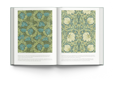 Book cover of Mary Schoeser's The Art of Wallpaper: Morris & Co. in Context, with Morris Pimpernel Bayleaf/Manilla wallpaper design. Published by ACC Art Books.