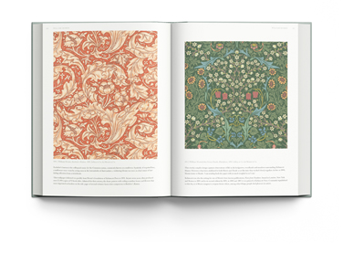 Book cover of Mary Schoeser's The Art of Wallpaper: Morris & Co. in Context, with Morris Pimpernel Bayleaf/Manilla wallpaper design. Published by ACC Art Books.