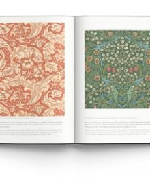 Book cover of Mary Schoeser's The Art of Wallpaper: Morris & Co. in Context, with Morris Pimpernel Bayleaf/Manilla wallpaper design. Published by ACC Art Books.