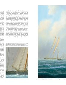 Two large yachts in a race on the ocean, under blue sky, on cover of 'The Story of the America's Cup, 1851-2021', by ACC Art Books.