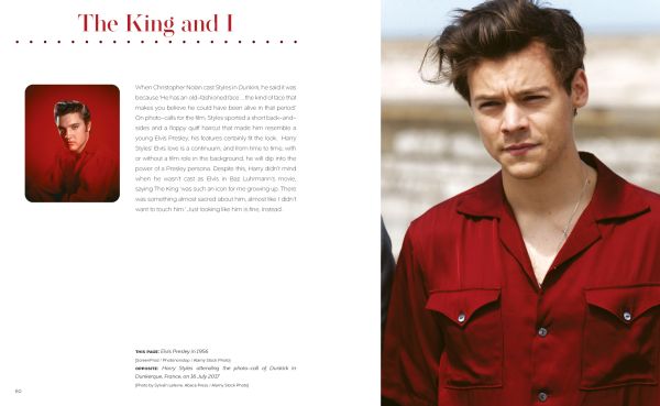 Book cover of Terry Newman's fashion guide, Harry Styles and the clothes he wears, with the singer posing in black leather look suit, beige fur boa, with floral backdrop. Published by ACC Art Books.