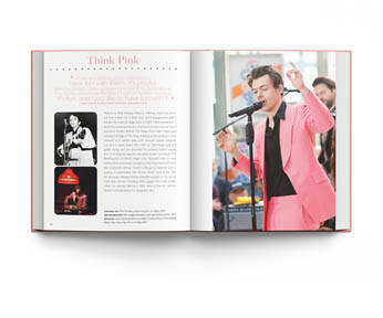 Book cover of Terry Newman's fashion guide, Harry Styles and the clothes he wears, with the singer posing in black leather look suit, beige fur boa, with floral backdrop. Published by ACC Art Books.