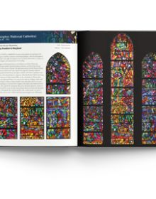 Book cover of Rowan LeCompte, Master of Stained Glass, with a colorful stained glass pattern. Published by ACC Art Books.