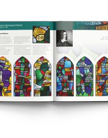 Book cover of Rowan LeCompte, Master of Stained Glass, with a colorful stained glass pattern. Published by ACC Art Books.