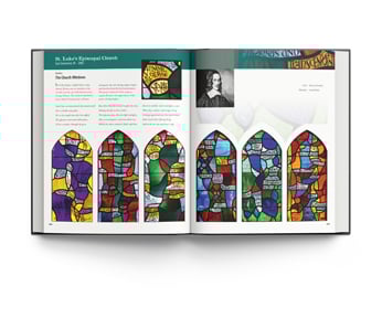 Book cover of Rowan LeCompte, Master of Stained Glass, with a colorful stained glass pattern. Published by ACC Art Books.