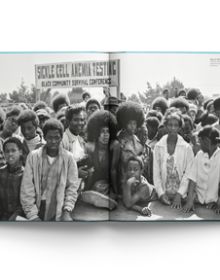 Book cover of Comrade Sisters: Women of the Black Panther Party, featuring a defiant Tarika Lewis in a group with women from Black Panther Movement. Published by ACC Art Books.
