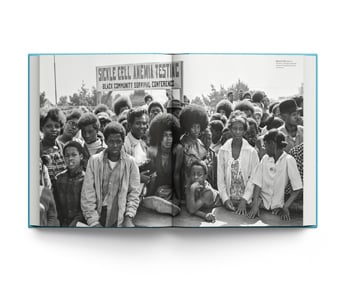 Book cover of Comrade Sisters: Women of the Black Panther Party, featuring a defiant Tarika Lewis in a group with women from Black Panther Movement. Published by ACC Art Books.