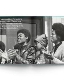 Book cover of Comrade Sisters: Women of the Black Panther Party, featuring a defiant Tarika Lewis in a group with women from Black Panther Movement. Published by ACC Art Books.