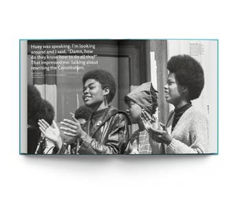 Book cover of Comrade Sisters: Women of the Black Panther Party, featuring a defiant Tarika Lewis in a group with women from Black Panther Movement. Published by ACC Art Books.