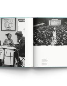 Book cover of Comrade Sisters: Women of the Black Panther Party, featuring a defiant Tarika Lewis in a group with women from Black Panther Movement. Published by ACC Art Books.