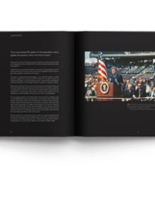 Book cover of Out of This World: Historic Milestones in NASA’s Human Space Flight, featuring the illuminated Space Shuttle Endeavour STS-134 on launch pad, in 2011, under black sky with bright full moon. Published by ACC Art Books.