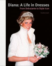 Princess Diana in Catherine Walker's white silk crepe dress and jacket, adorned with pearls, tiara on head, on cover of 'Diana: A Life in Dresses', by ACC Art Books.