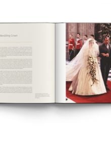 Princess Diana in Catherine Walker's white silk crepe dress and jacket adorned with pearls, tiara on head, to cover of Diana: A Life in Dresses.