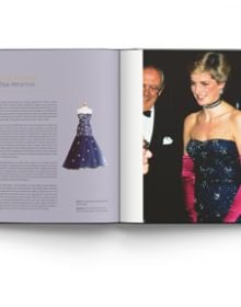 Princess Diana in Catherine Walker's white silk crepe dress and jacket, adorned with pearls, tiara on head, on cover of 'Diana: A Life in Dresses', by ACC Art Books.