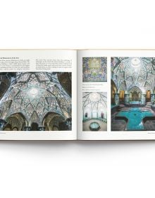 The magnificent interior blue tiled ceiling of Jameh Mosque of Isfahan, Iran, on orange cover of 'Iranian Architecture, A Visual History', by ACC Art Books.