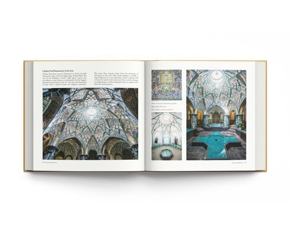 Book cover of Iranian Architecture, A Visual History, with magnificent interior blue tiled ceiling of Jameh Mosque of Isfahan, Iran. Published by ACC Art Books.