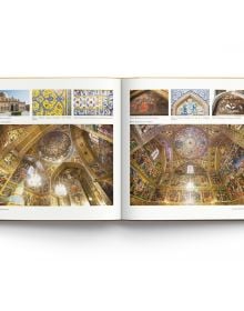 The magnificent interior blue tiled ceiling of Jameh Mosque of Isfahan, Iran, on orange cover of 'Iranian Architecture, A Visual History', by ACC Art Books.