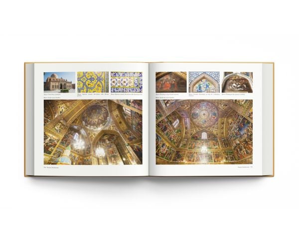 Book cover of Iranian Architecture, A Visual History, with magnificent interior blue tiled ceiling of Jameh Mosque of Isfahan, Iran. Published by ACC Art Books.
