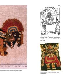 Ancient Paracas textile with animal totem, on orange and grey cover of 'The Life Thread', by ACC Art Books.