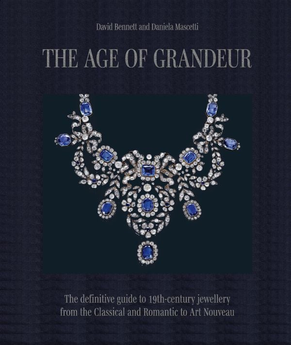 Book cover of The Age of Grandeur, featuring a diamond and sapphire necklace. Published by ACC Art Books.