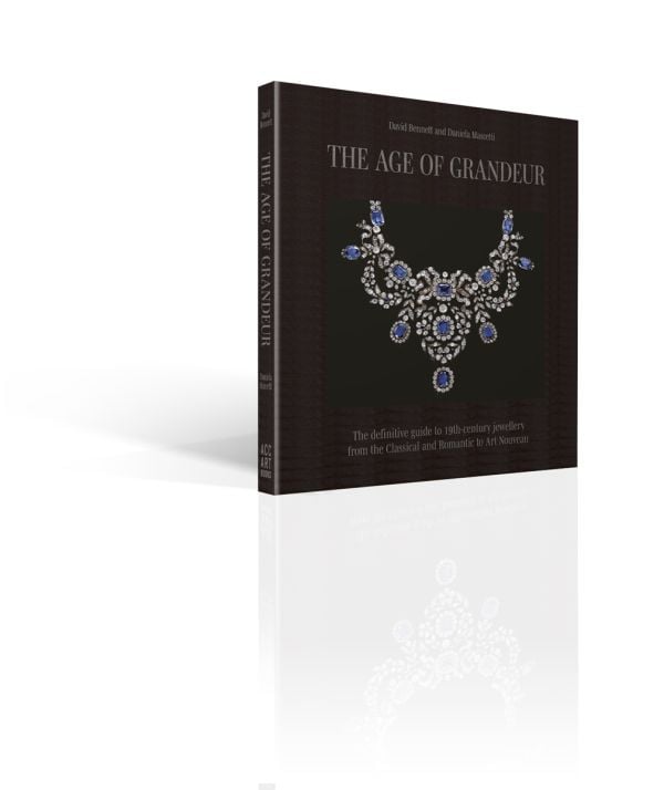 Book cover of The Age of Grandeur, featuring a diamond and sapphire necklace. Published by ACC Art Books.