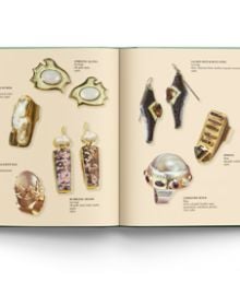 Large decorative gold bangle with green jewels, on green cover of 'EVELI A Jeweler’s Memoir', by ACC Art Books.
