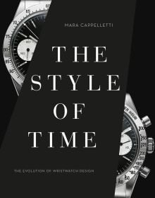 Two halves of a luxury silver wristwatch, on black cover of 'The Style of Time', by ACC Art Books.