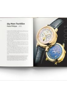 Two halves of a luxury silver wristwatch, on black cover of 'The Style of Time', by ACC Art Books.