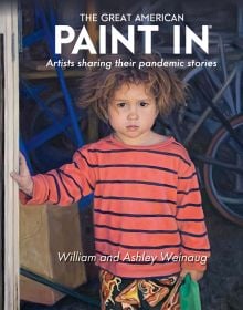 Painting of young child in striped jumper, standing in doorway with hand on frame, on cover of T'HE GREAT AMERICAN PAINT IN®', by ACC Art Books.