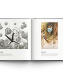 Book cover of The Great American Paint In®: Artists Sharing Their Pandemic Stories, featuring a painting of young child in striped jumper, standing in doorway with hand on frame. Published by ACC Art Books.