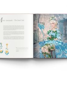 Book cover of Lydia Courteille, A Jeweller’s Odyssey, with a porcelain skinned female model adorned with bold pink jewelled earrings and brooches. Published by ACC Art Books.