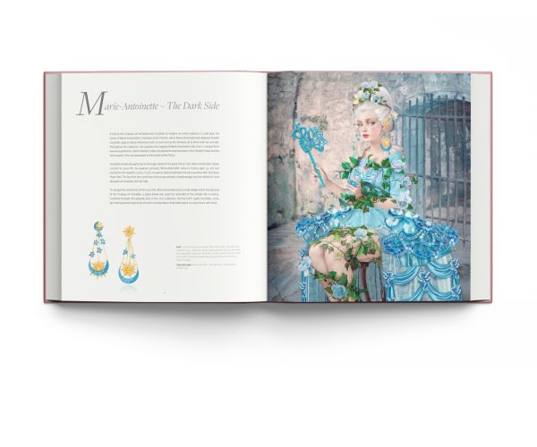 Book cover of Lydia Courteille, A Jeweller’s Odyssey, with a porcelain skinned female model adorned with bold pink jewelled earrings and brooches. Published by ACC Art Books.