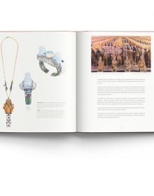 Book cover of Lydia Courteille, A Jeweller’s Odyssey, with a porcelain skinned female model adorned with bold pink jewelled earrings and brooches. Published by ACC Art Books.