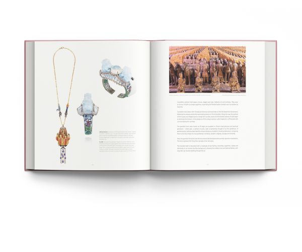 Book cover of Lydia Courteille, A Jeweller’s Odyssey, with a porcelain skinned female model adorned with bold pink jewelled earrings and brooches. Published by ACC Art Books.