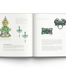 Book cover of Lydia Courteille, A Jeweller’s Odyssey, with a porcelain skinned female model adorned with bold pink jewelled earrings and brooches. Published by ACC Art Books.